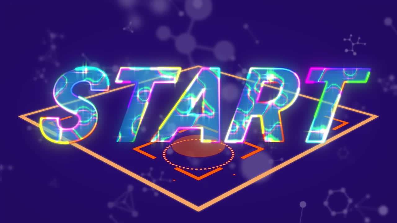 Animazione del testo "start" e forme su molecole su sfondo blu
