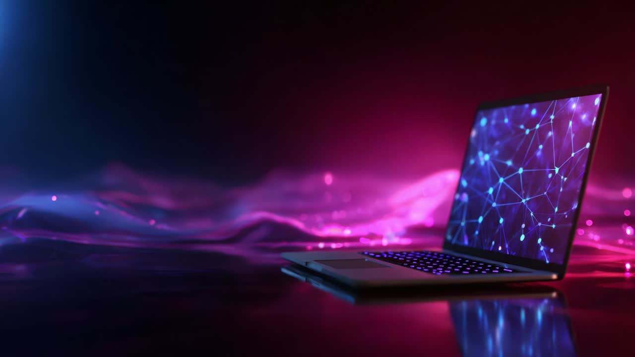 A Modern Laptop Displaying Vibrant Digital Connections and Abstract Data Visualization, Set Against a Striking Background of Pink and Blue Light Waves, Emphasizing Technology and Innovation in a Futuristic Context