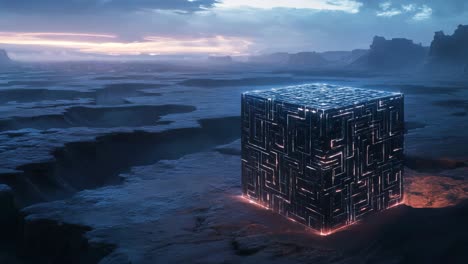 alien planet with glowing maze cube