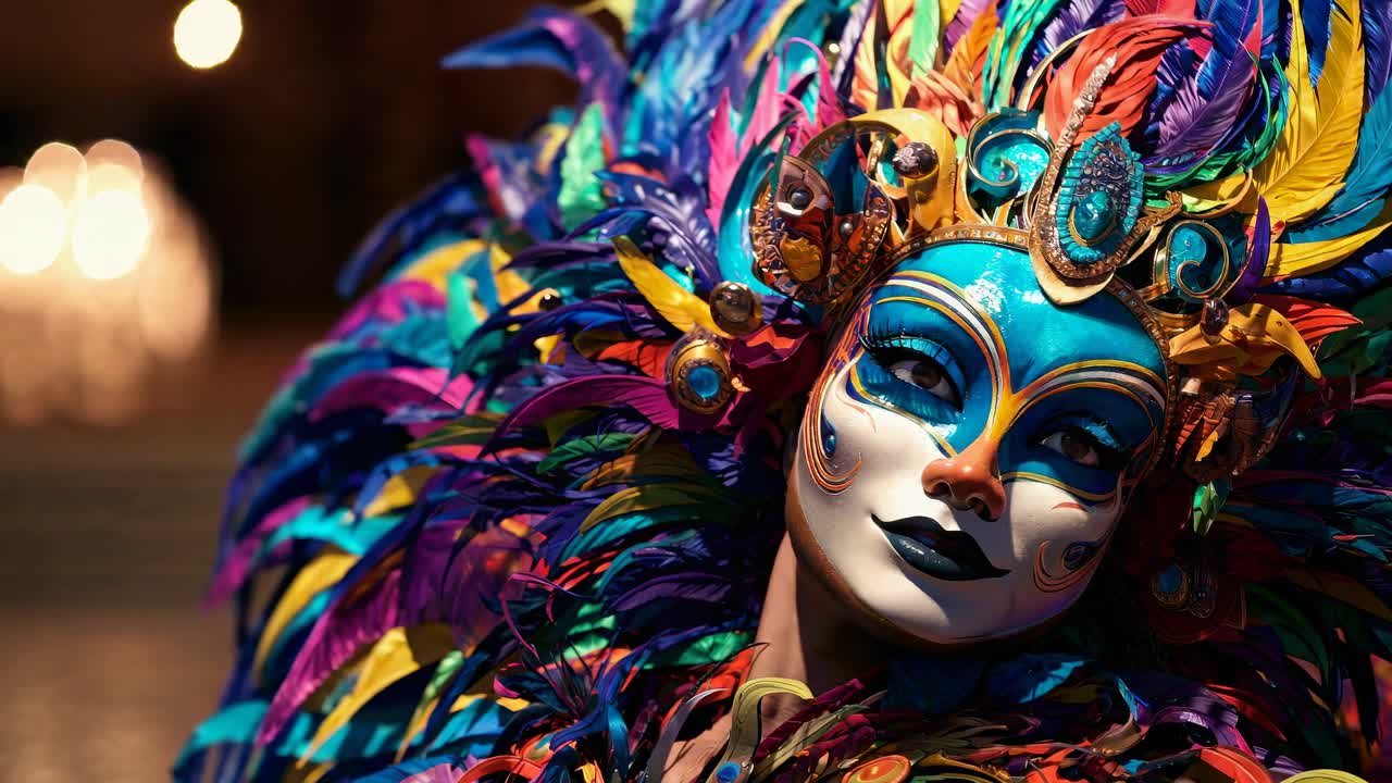 Maschera di carnevale vivace con piume colorate, catturata in un angolo ravvicinato