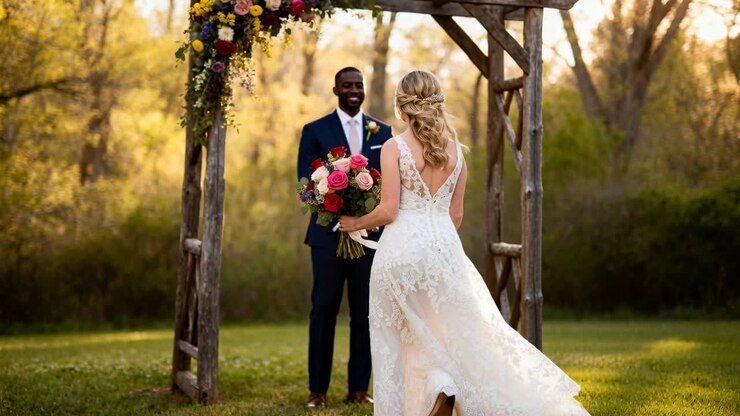 Entering lace-gowned bride walking to navy-clad groom under floral arch on lawn with bouquet to wed