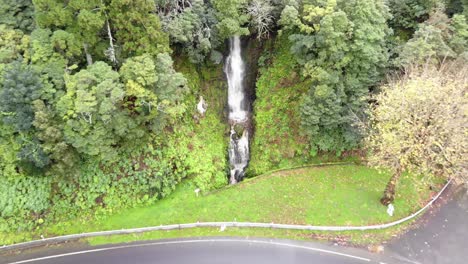 Pequeña-Cascada-Que-Cae-En-Cascada-Por-Una-Exuberante-Vegetación-Al-Lado-De-La-Carretera-En-La-Isla-De-São-Miguel,-Azores---Toma-Aérea-Ascendente