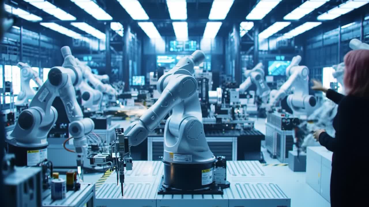 A skilled technician oversees a state-of-the-art manufacturing operation filled with robotic arms executing precise tasks. This facility highlights cutting-edge automation technology at work.