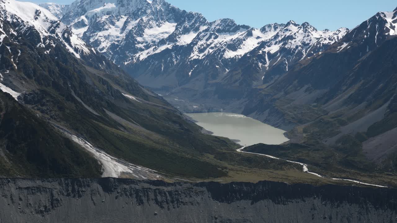 View from Sealy Tarns viewpoint of mountains, Mount Cook, Hooker Lake and Mueller Lake on a clear sunny summer day in Mount Cook National Park, New Zealand.