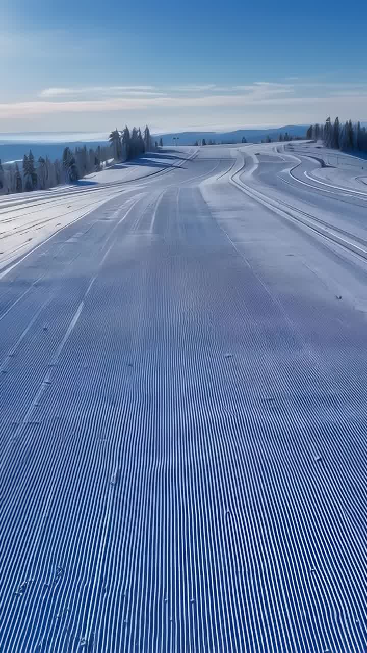 Vertikal video: Panorering af kamera, der afslører velplejet skråning på toppen og viser corduroy-riller og bakker