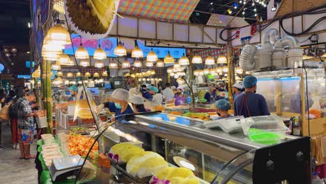 vibrant market with food stalls and shoppers