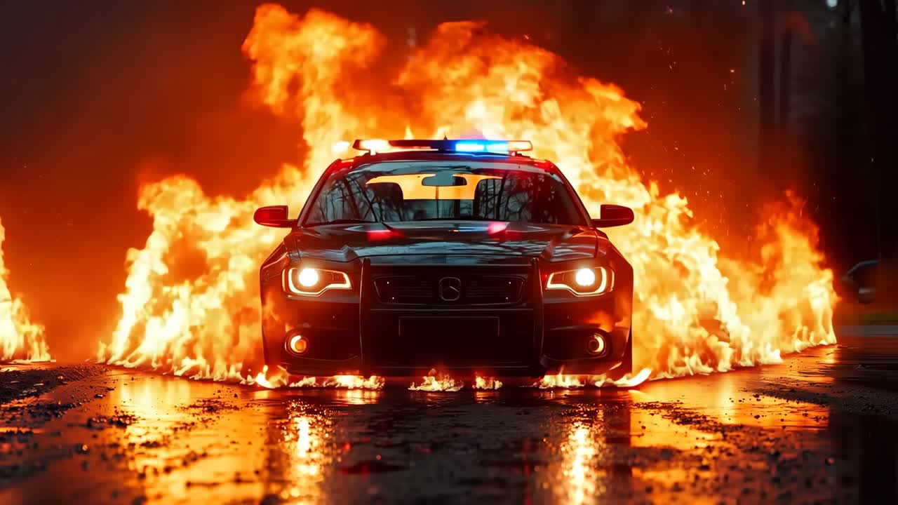 un coche de policía es engullido por llamas en una calle de la ciudad