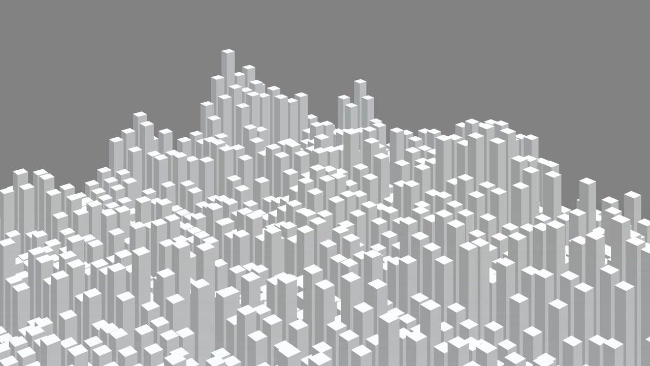 abstract data visualization, loopable 3D bar chart animation, white rectangular pillars rising and falling rhythmically against a solid gray backdrop