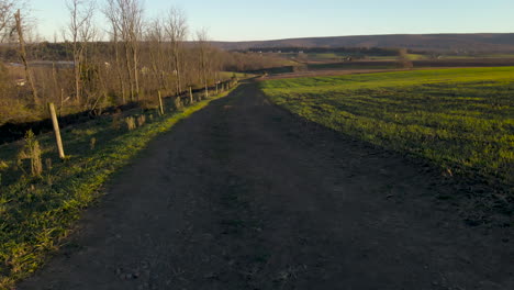 Aerial-Shot-Tracking-Farm-Road-Through-Field-In-Rural-Pennsylvania,-U