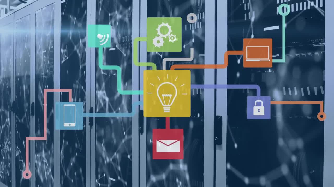 컴퓨터 서버를 통해 아이콘으로 연결 네트워크의 애니메이션