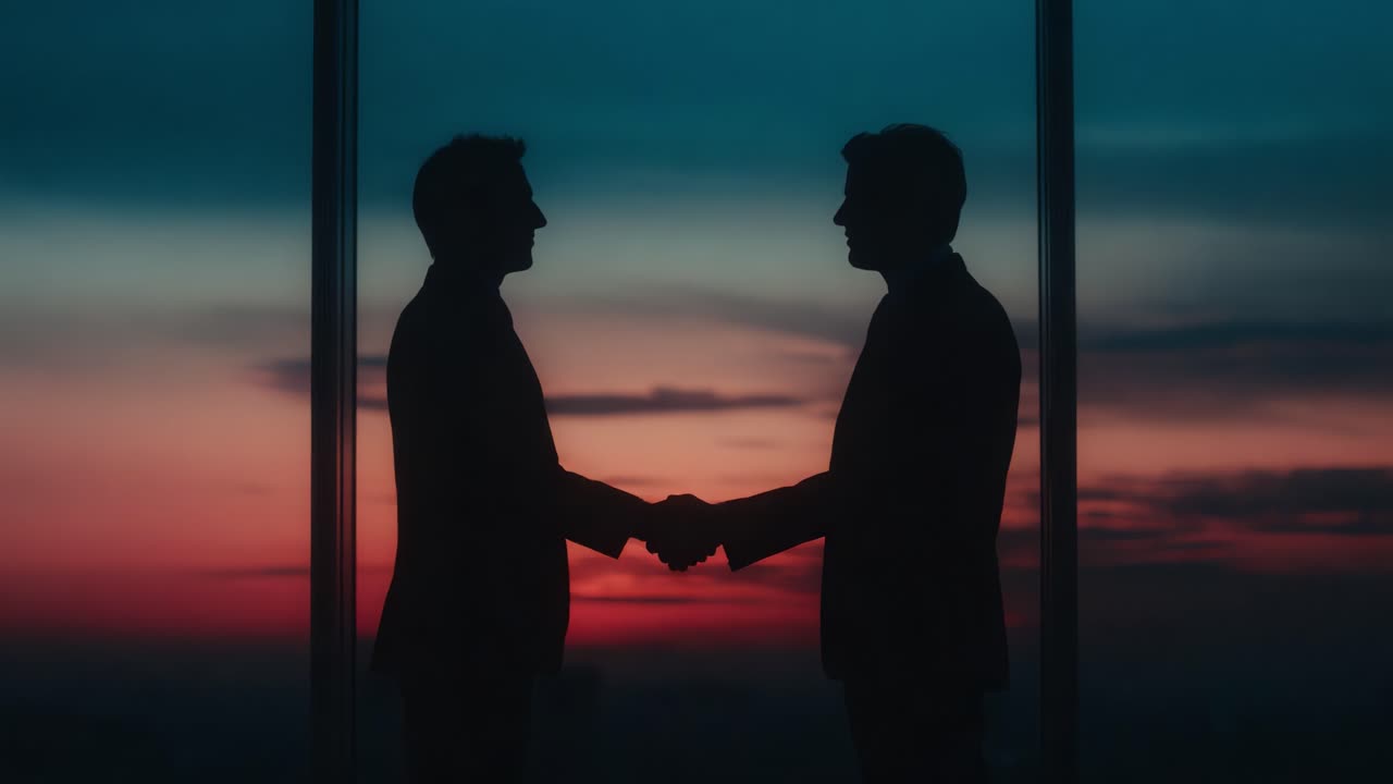 Due professionisti che si stringono la mano in segno di saluto formale con un fantastico tramonto sullo sfondo, a simboleggiare collaborazione e partnership in un ambiente professionale