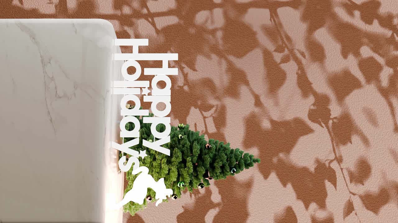 노란색 꽃 그림자 배경으로 대리석 플랫폼에 "휴일 축하" 표지판을 가진 작은 크리스마스 트리