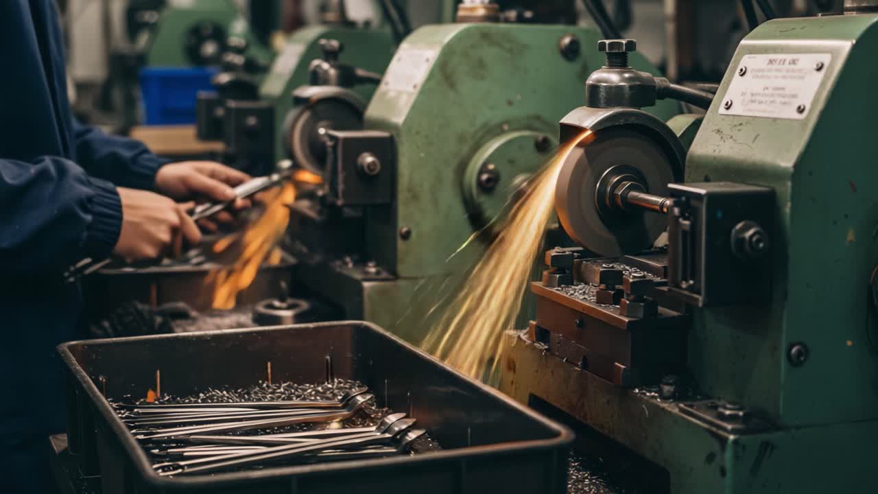 Spark and Precision: The Art of Metalworking in an Industrial Setting with Machines Shaping Tools and Generating Sparks