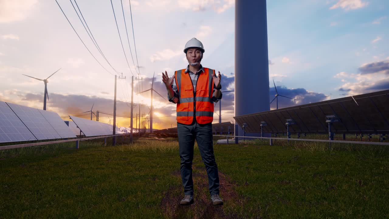 Full Body Of Asian Male Engineer With Safety Helmet Smiling To Camera And Saying Wow While Standing With Solar Panel and Wind Turbines