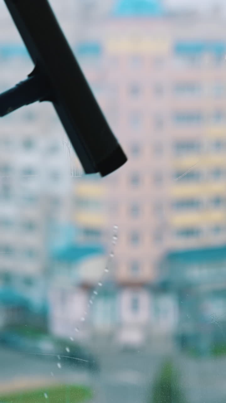 Professional cleaning window indoor. Man cleaning window with special equipment. Vertical video