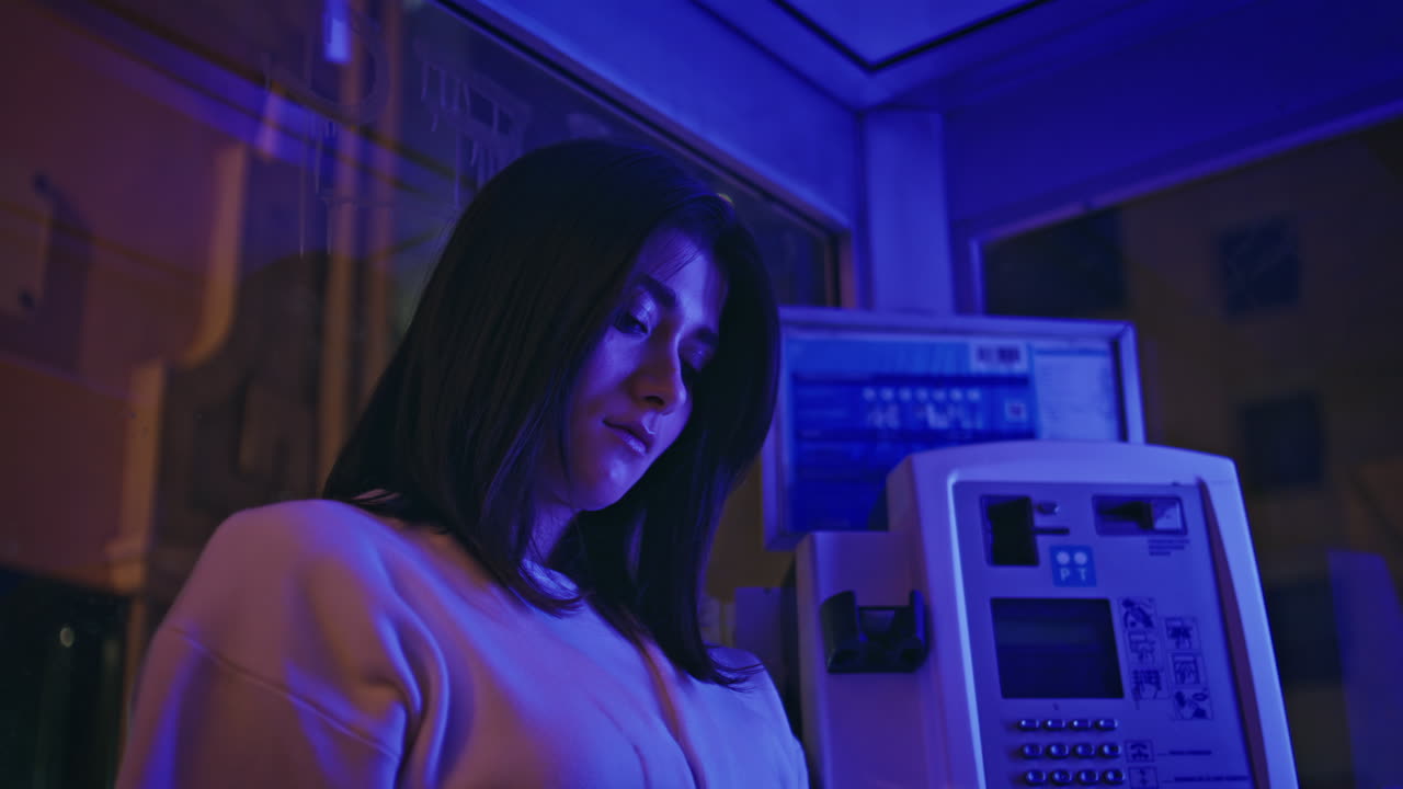 Sad brunette calling telephone neon light closeup. Unhappy girl holding handset