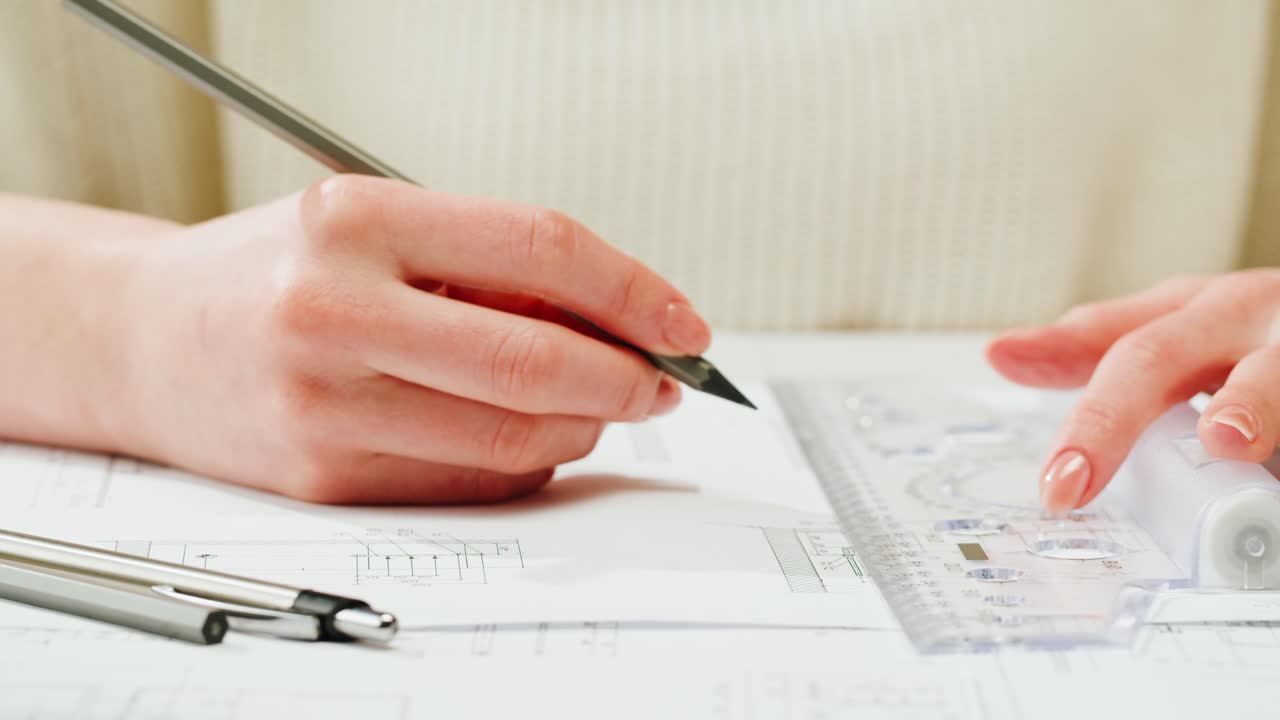 Person Drawing on Blueprints with a Ruler and Pencil