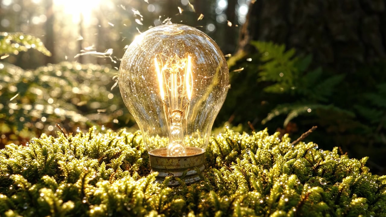Una lampadina affascinante che illumina il muschio della foresta, catturando l'essenza della natura e della tecnologia in armonia, emettendo un bagliore caldo in un ambiente sereno