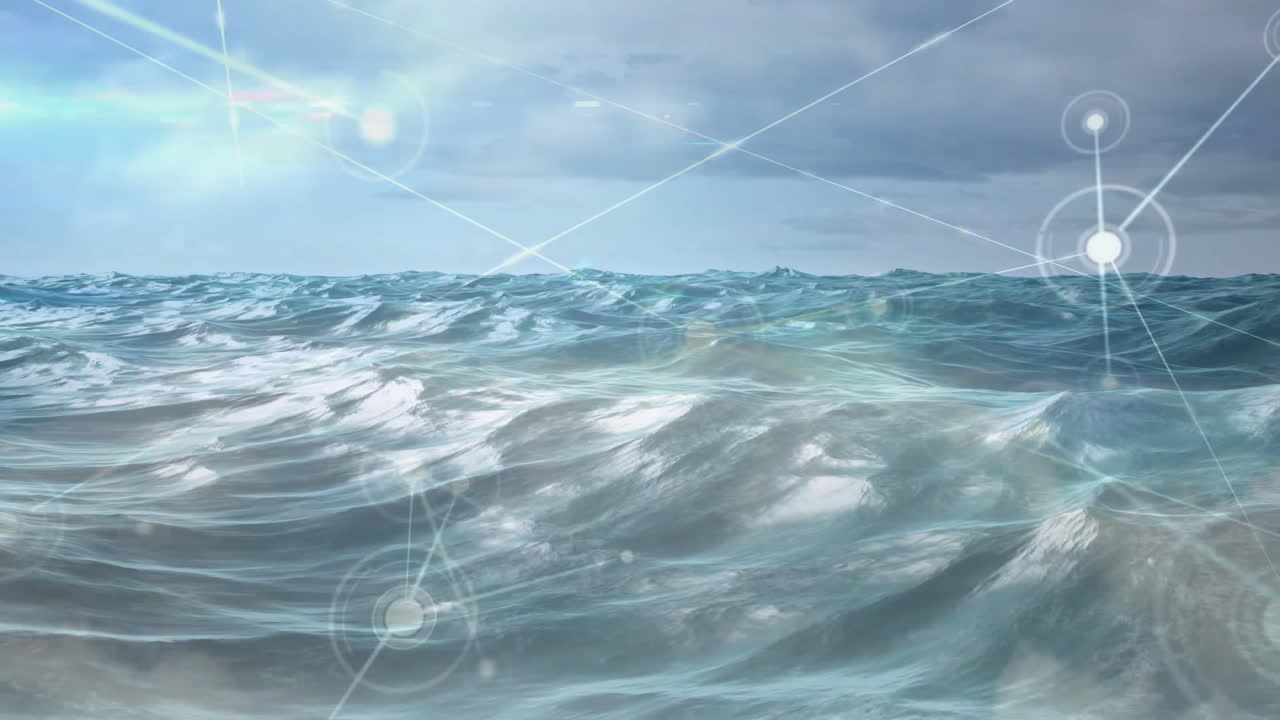 3D render showing ocean waves rolling under cloudy sky, network nodes and lines overlaying surface