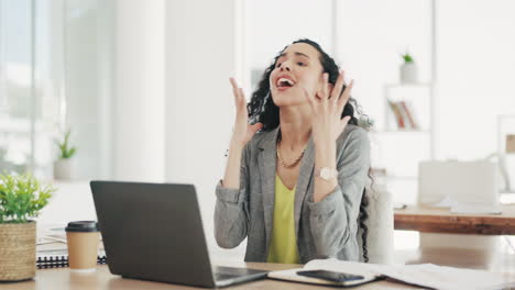 Business-woman,-laptop-and-celebration-in-office