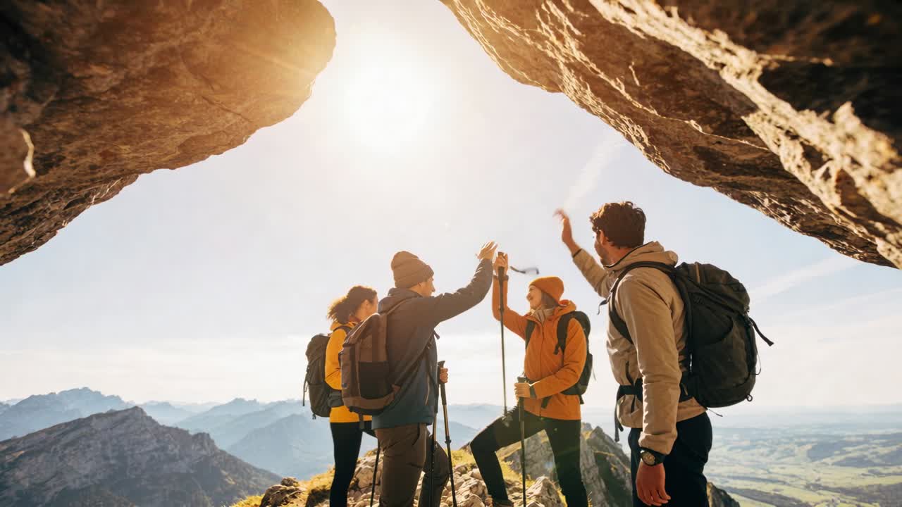 Raggiunta la vetta, quattro escursionisti sotto un arco si danno il cinque, sistemano le giacche e i bastoni mentre ammirano la valle.