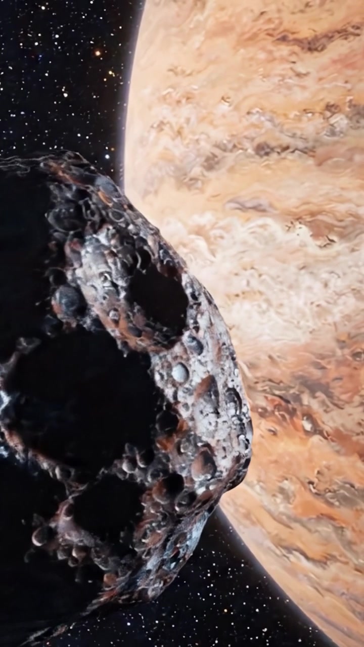 The Majestic Dance of Celestial Bodies: A Stunning Visual Journey through the Cosmos Featuring a Rocky Asteroid and the Enigmatic Planet Jupiter in All Its Splendor