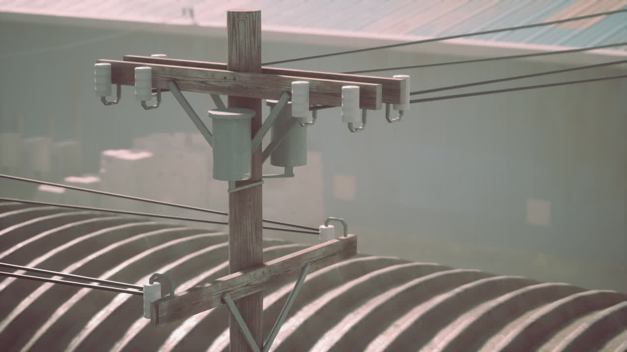 전선 을 가진 전력 기둥 의 근접 사진