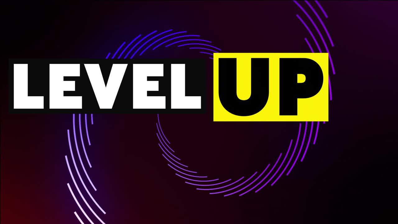 Level up text animation over purple and yellow spiral shapes on dark background