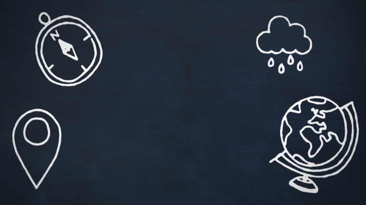 파란색 배경에  ⁇ 색 여행 픽토그램의 애니메이션