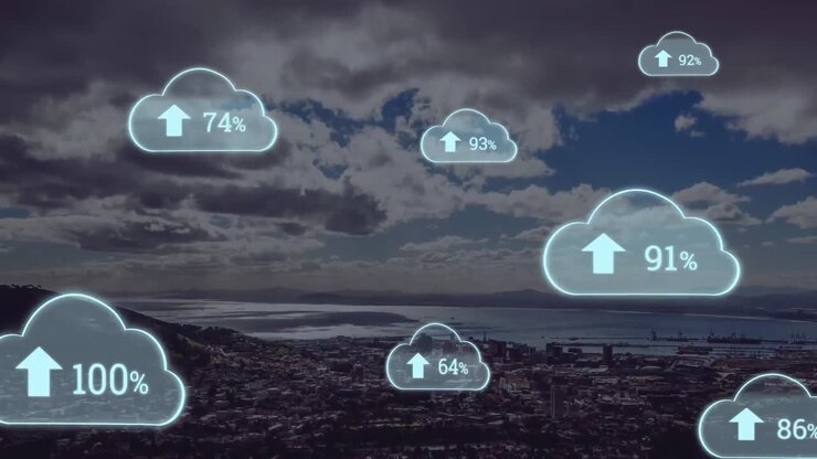 Animation of cloud icons with percentage and city in background
