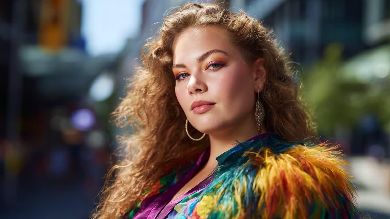A Stunning Portrait of a Fashionable Woman with Curly Hair and Colorful Outfit, Captured in a Vibrant Urban Atmosphere, Showcasing Confidence and Style