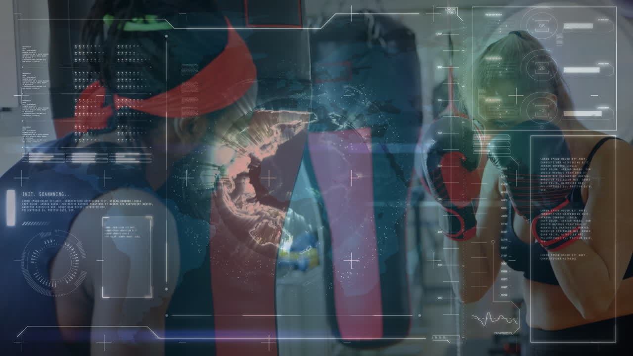 animación del procesamiento de datos sobre una boxeadora caucásica con un entrenador afroamericano en el gimnasio