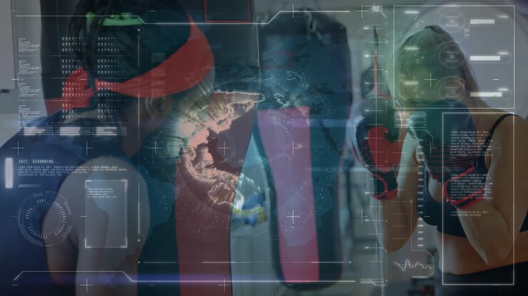 Animation of data processing over caucasian female boxer with african american coach at gym