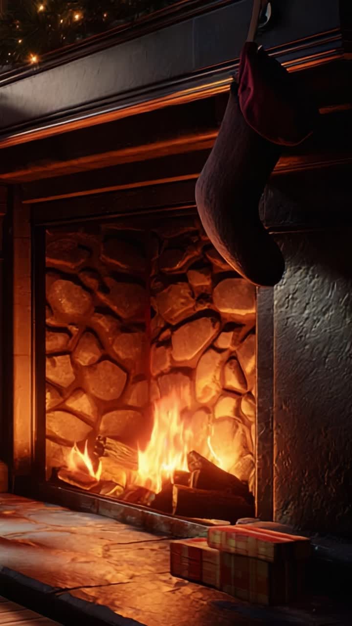 A Cozy Christmas Scene Featuring a Warm Fireplace with a Stocking Hanging Above and Presents Gathered Around, Evoking Feelings of Comfort and Joy During the Festive Holiday Season