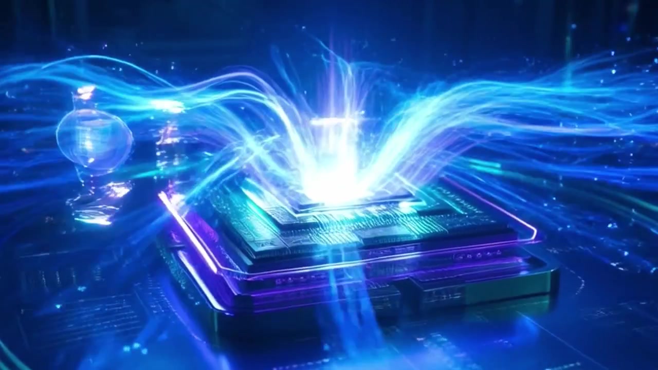 Futuristic Computer Processor Emitting Glowing Blue Data Streams