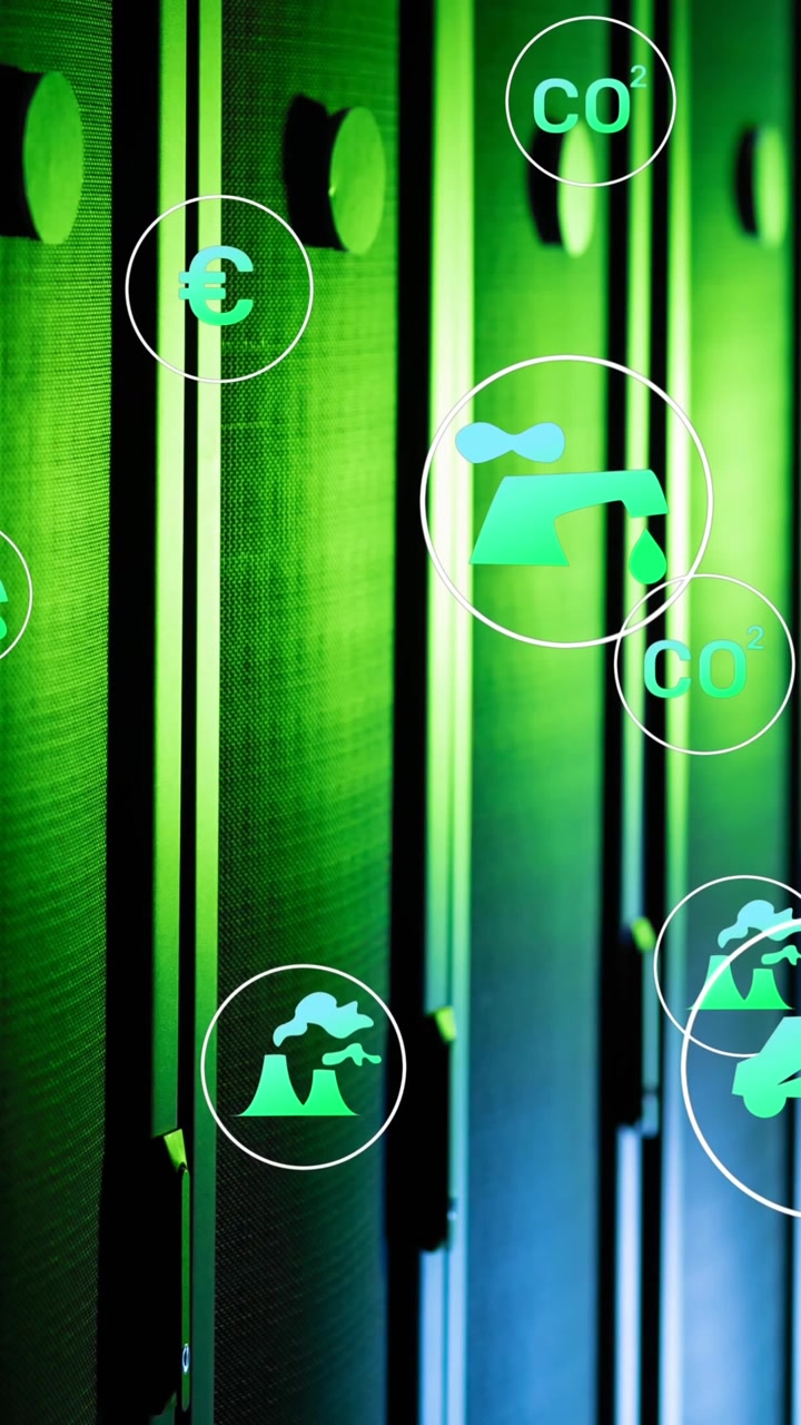 Animation of green technology icons over data server systems