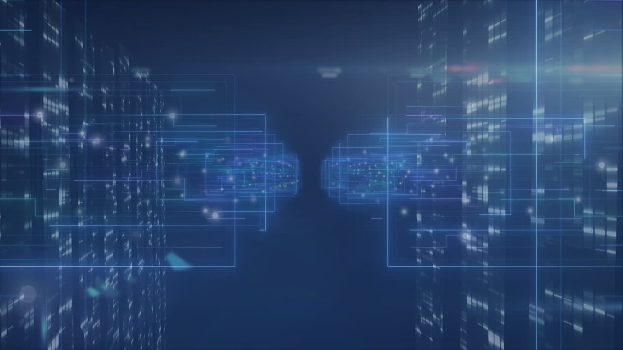 Animation of futuristic cityscape with digital data streams glowing in blue lights