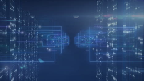 animation of futuristic cityscape with digital data streams glowing in blue lights