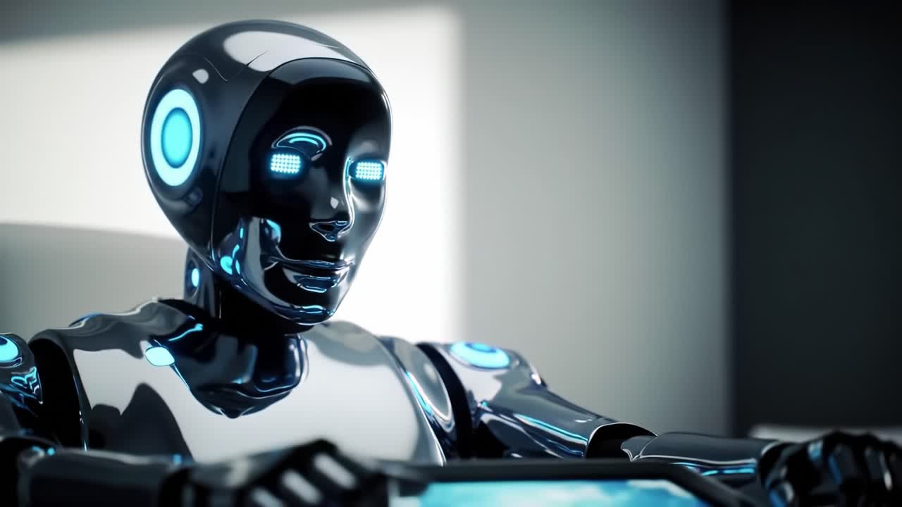 A Futuristic Robot with Glowing Accents Interacts with a Screen in a Modern, Minimalistic Environment, Embodying Advanced Technology and Design Innovation.