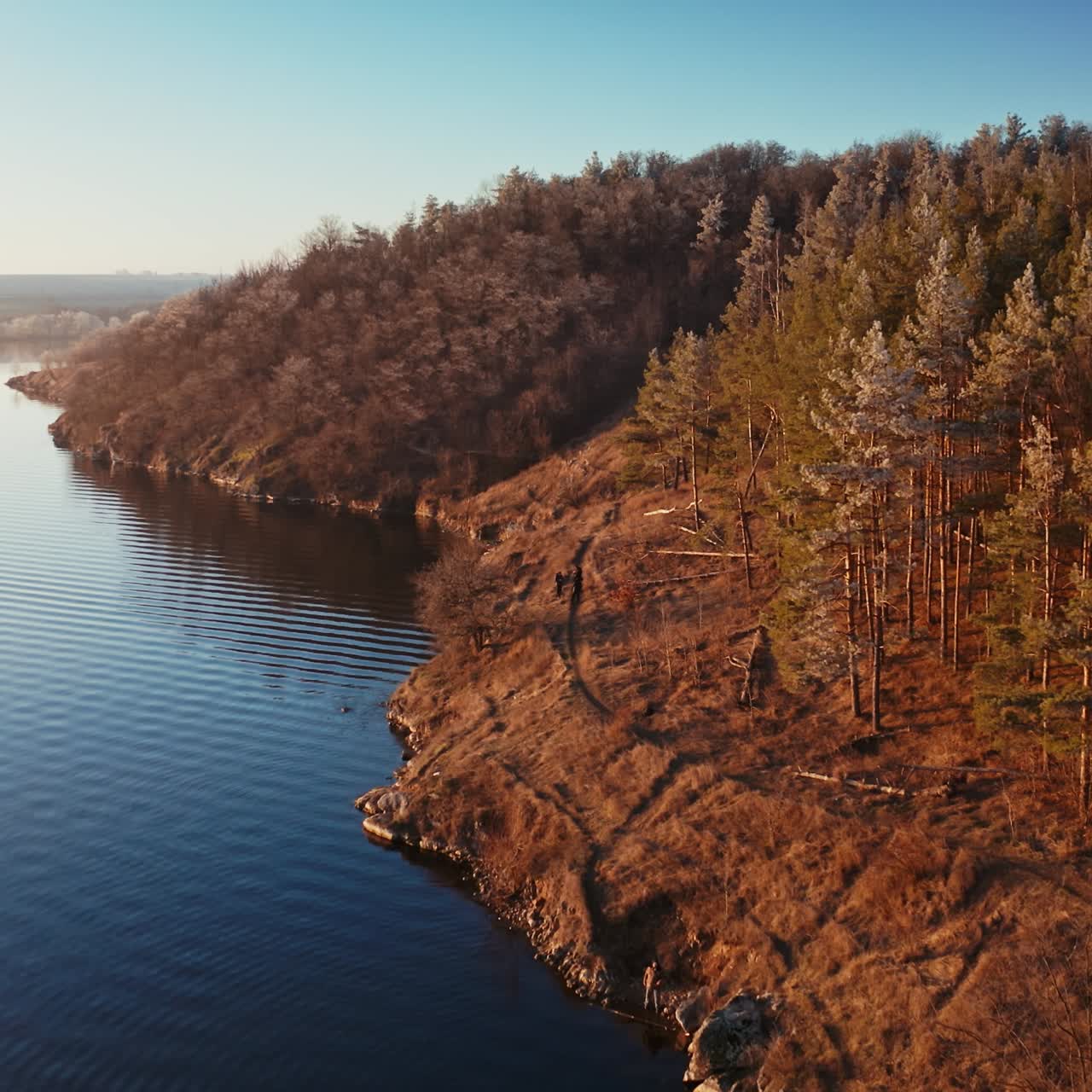 Beautiful lake near the forest. Calm evening in nature. River and trees landscape in winter without snow. Motion camera forward down.