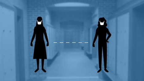 얼굴 마스크를 착용하고 사회적 거리를 유지하는 사람들의 애니메이션