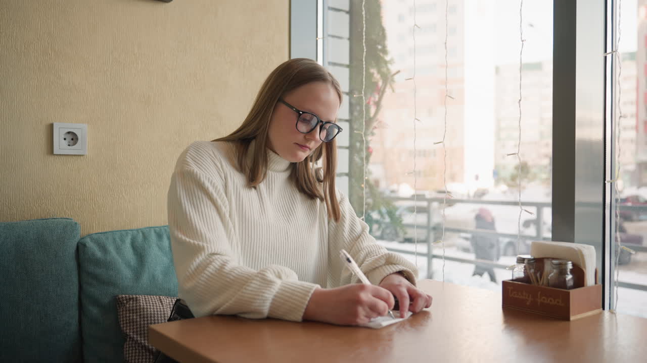 Girl in white sweater sketching attentively on paper at wooden table beside large window, decorative string lights hang nearby, snowy urban street outside with pedestrian passing by in background
