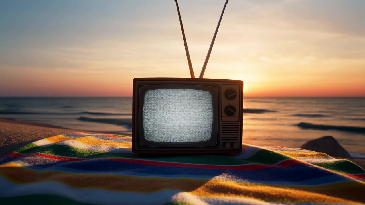 En rolig solnedgangsscene vist på et TV-apparat i tre på stranden, med havet i bakgrunnen, som skaper en avslappende kommersiell bakgrunnsvideo for design- og ressursformål