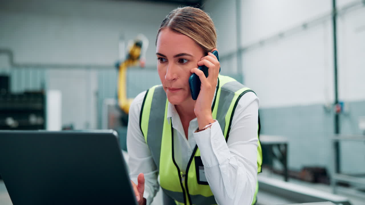 Factory Worker on Phone and Laptop