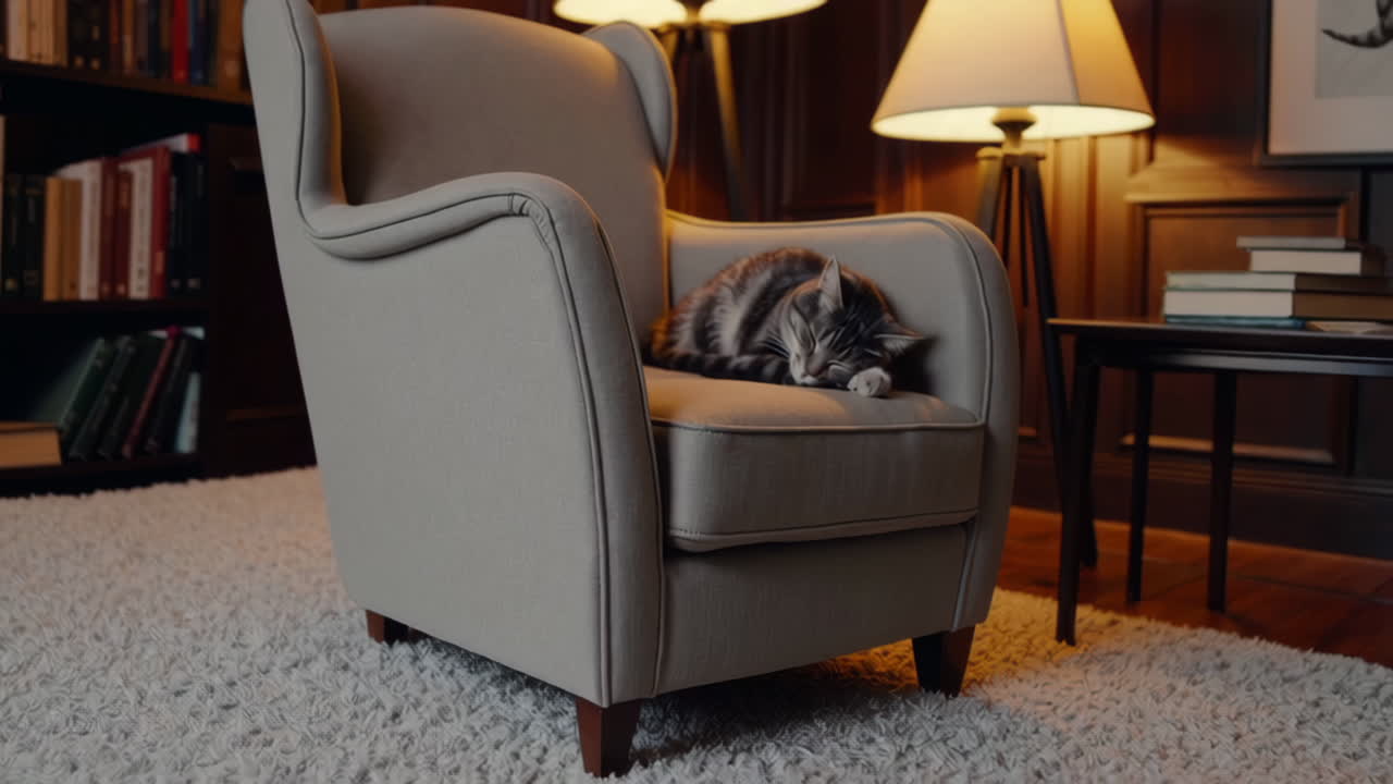 Cat Napping in a Cozy Library Chair