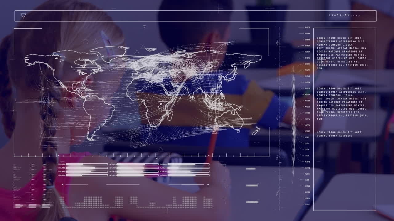 animación del procesamiento de datos sobre el maestro caucásico con diversos escolares en el aula
