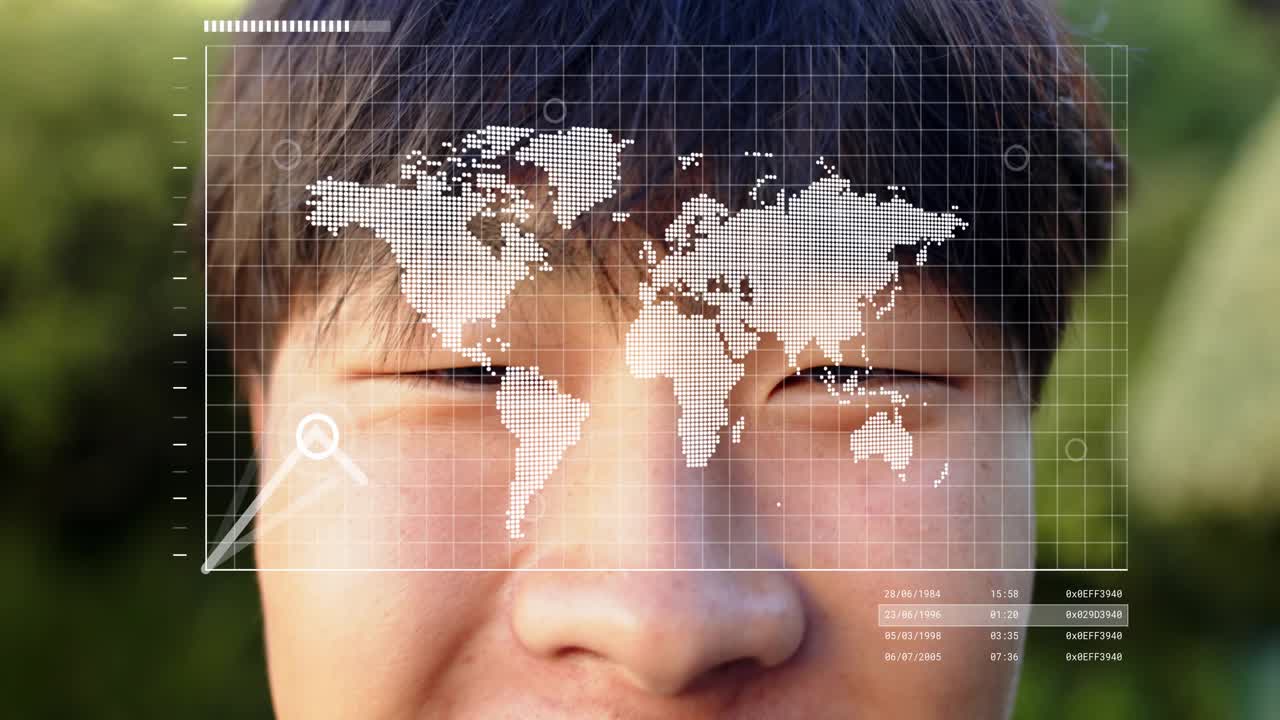 Man reacting to HUD appearing over face, smiling as map graph peaking in tech demo data