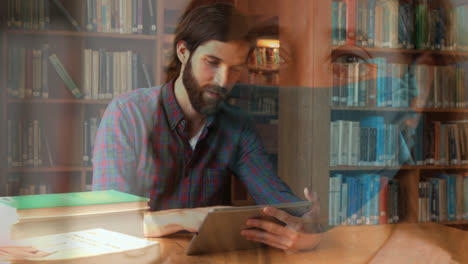 Frau-Mit-Gesichtsmaske-Gegen-Männlichen-Studenten,-Der-In-Der-Bibliothek-Ein-Digitales-Tablet-Benutzt