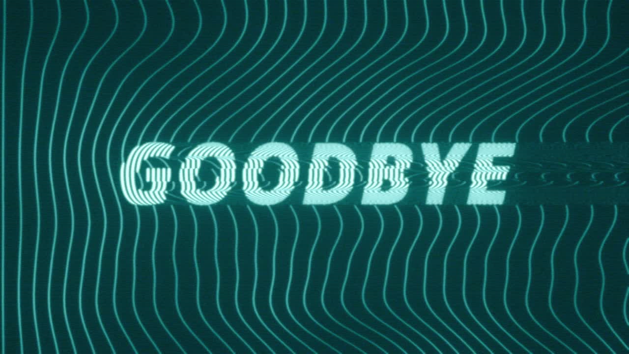 Animeret digitalt farvelkoncept med glitrende 'Goodbye'-tekst over en mørkeblå baggrund med flydende neonlynjer og subtil skærmforvrængning.