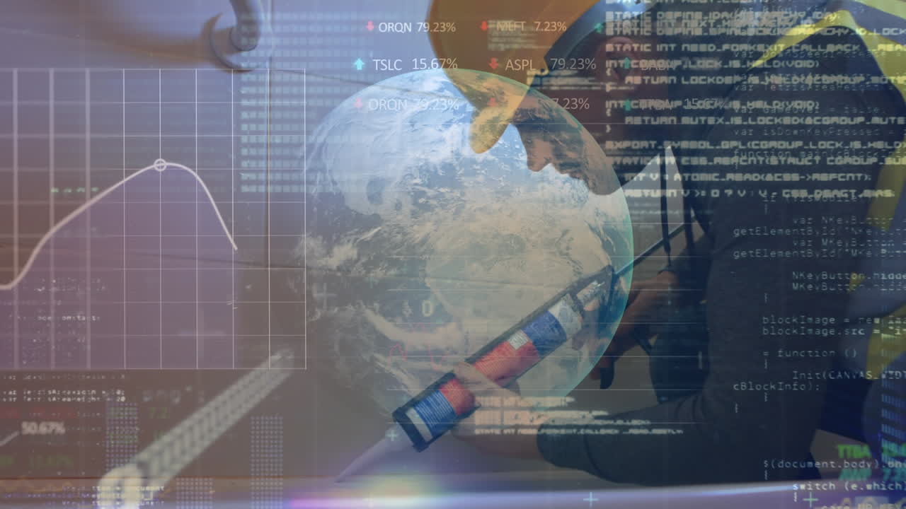 ecuaciones matemáticas en el trabajador del sitio usando pistola de pegamento sobre el planeta tierra.